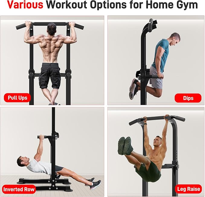Outdoor Basic Power Tower, Pull Up Bar and Dip Station for Home Gym, 1600LBS Weight Capacity, Adjustable Height, Heavy Duty Steel Frame for Calisthenics, Strength Training Fitness Equipment
