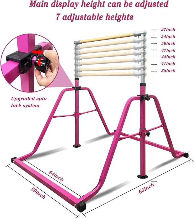 GLANT Gymnastics Bar for Kids with Rings Set, 7 Heights Adjustable Easy Folding Gymnastic Training Bar Kids Monkey Horizontal Bars - Max Load 300LBS