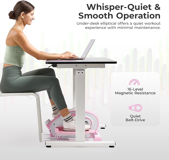 Sunny Health & Fitness Under Desk Pedal Elliptical Machine, Adjustable Resistance Leg Exerciser Home Workout While Sitting for Seniors, Optional Motorize or in Pink with SunnyFit App via Bluetooth