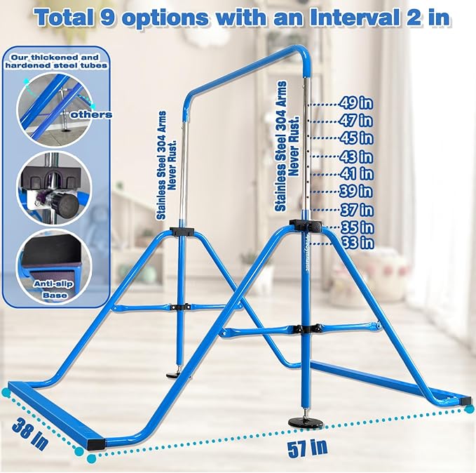 PreGymnastic Folding Gymnastics Bar with Rings, Foldable Kip Bar with Sturdier Base, Training Bar for Kids Ages 3-10, Horizontal Bar, Home Gym Equipment for Boy Girl