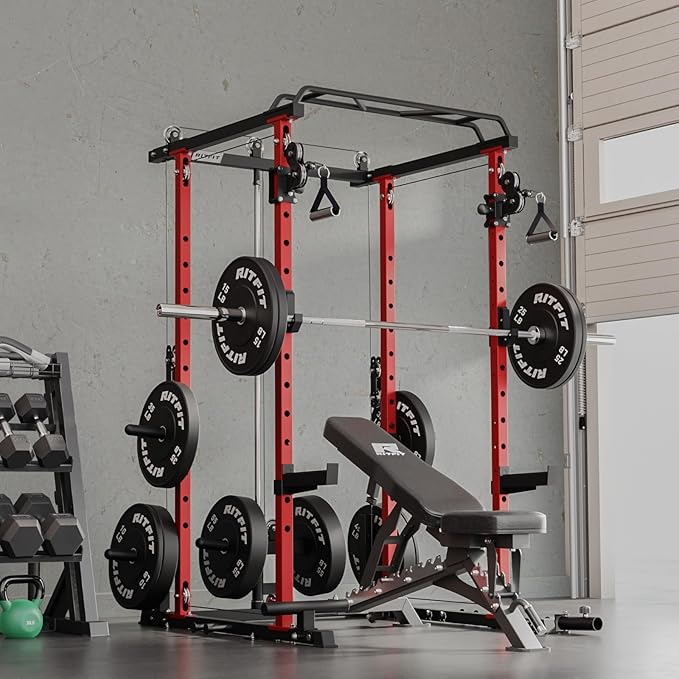 RitFit Upgraded PPC-P3 Power Cage, 3-in-1 Home Gym with Aluminum Pulley System, 1200LBS Capacity, Includes LAT Pulldown, Landmine, J-Hooks & 20+ Attachments, Fits Compact Spaces Black Red