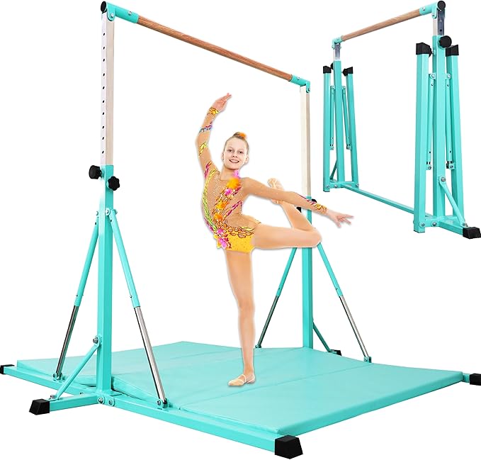 Gymnastics Bar for Kids Ages 3-15, 35" to 60" Adjustable Height, 4FT Wide Base - Professional Kip Bar with 360° Stability & Fiberglass Crossbar, Easy Fold&Solid Design for Home Training