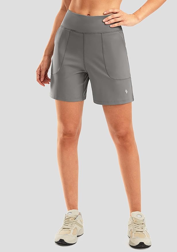 SANTINY Women's 6'' Athletic Long Shorts with 4 Pockets High Waisted Bermuda Shorts for Women Walking Running Casual