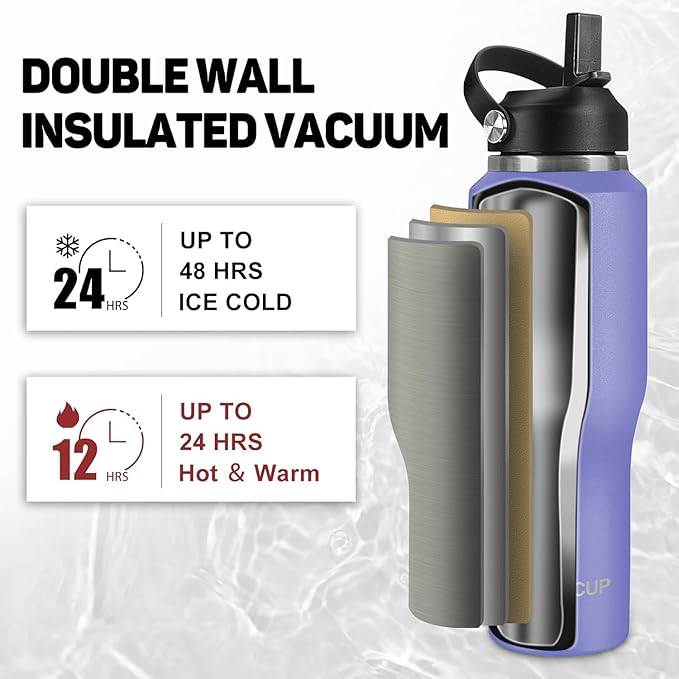 32oz Black Water Bottle Stainless Steel, Keep Cold 24H&Hot 12H, Water Bottle with Straw&Spout Lids, Insulated Water Bottle Double Wall Vacuum, Fit in Any Car Cup Holder, Leak-proof BPA Free