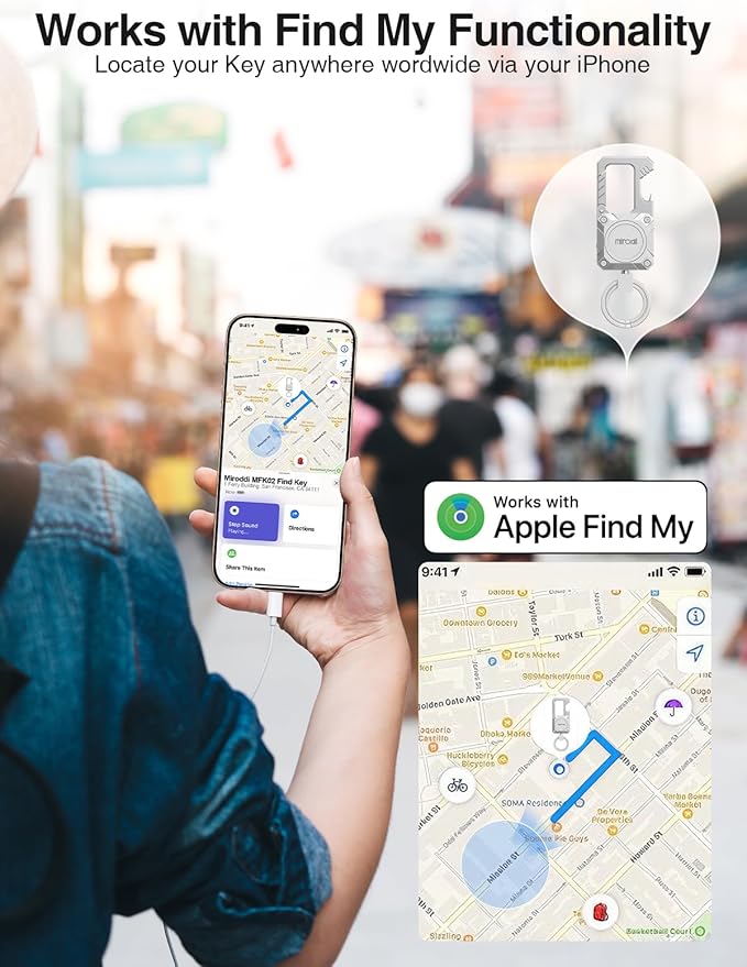 Miroddi Keychain Tracker, Men's Key Chain Works with Find My(iOS Only), Heavy Duty Keychain Carabiner Bottle Opener, Car Key Chains with Finder, Anti-lost Keyrings Tracker, Rechargeable, Silver