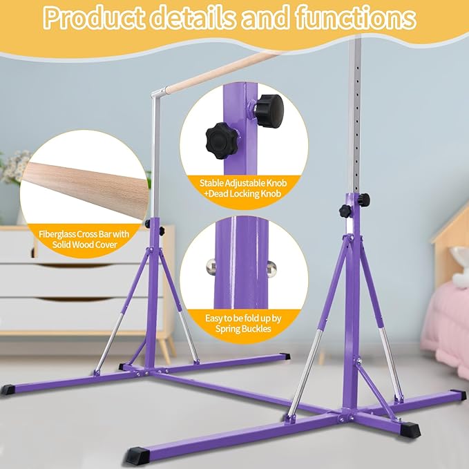 Gymnastics Bar, 5'10” Base length 45" to 71" Adjustable Horizontal Bar for Serious Training, 500 LBS Capacity, Professional Home Gym Equipment with Competition-Grade Beech-covered Fiberglass Bar