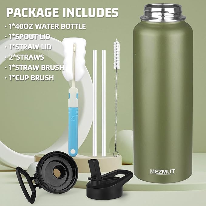 MEZMUT Insulated Water Bottle with Straw&2 Lids 40oz Stainless Steel Water Bottles Sports Metal Water Bottle Double Walled Vacuum Insulated Bottles Cups Leak-Proof Travel Cup (Army Green)