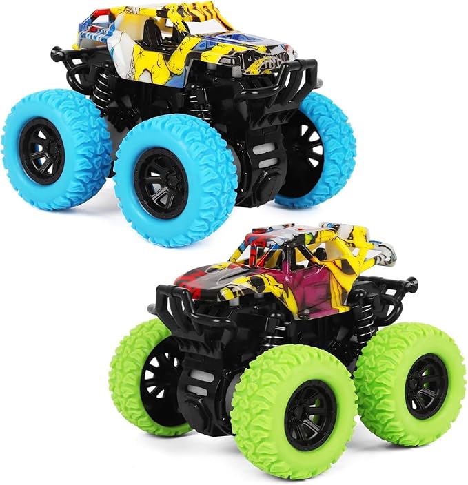 M SANMERSEN Monster Truck Toys for Ages 2-4, Friction Cars for Toddlers 1-3 Push and Go 360° Rotating Stunt Car for 2+ Year Old Boys Girls Gifts (2 Pack - Blue and Green)