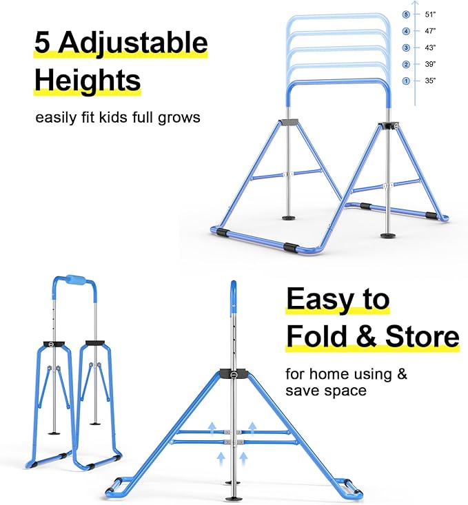 Safly Fun Foldable Gymnastics Bar for Kids, Adjustable 35"-51", Sturdy 145 lbs Capacity, Easy-to-Assemble, Gymnastics Equipment for Kids for Indoor/Outdoor Training
