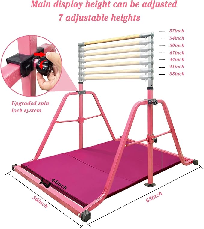 GLANT Gymnastics Bar for Kids with Rings Set, 7 Heights Adjustable Easy Folding Gymnastic Training Bar Kids Monkey Horizontal Bars - Max Load 300LBS