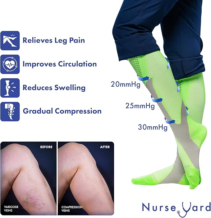 Nurse Yard Compression Socks for Nurses - Women & Men - 20-30mmHg Graduated Compression, Zero-Toe Compression, For Medical Staff, Nursing, Athletic Support Such As Running, Cycling, Hiking - 1 Pair