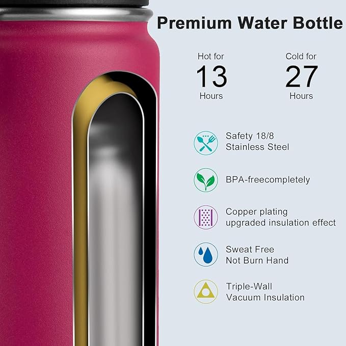 koodee Insulated Water Bottle, 18 oz Stainless Steel Double Wall Vacuum Wide Mouth Sport Bottle with Leakproof Spout Lid (Fuchsia Red)