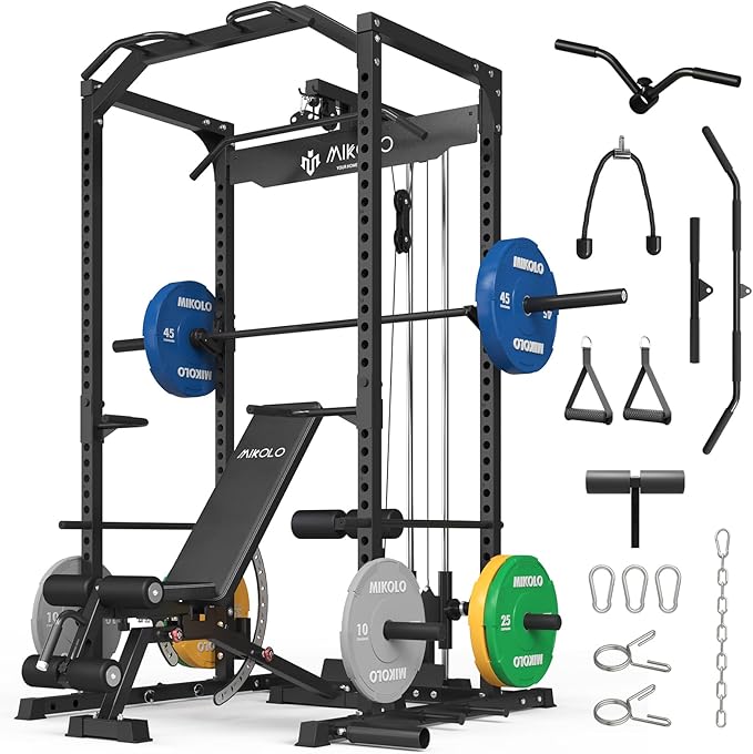 Mikolo Power Cage, Power Rack with LAT Pulldown, 1200 Pounds Capacity Workout Cage with More Training Attachments, Squat Rack for Home Gym, F4 Versions