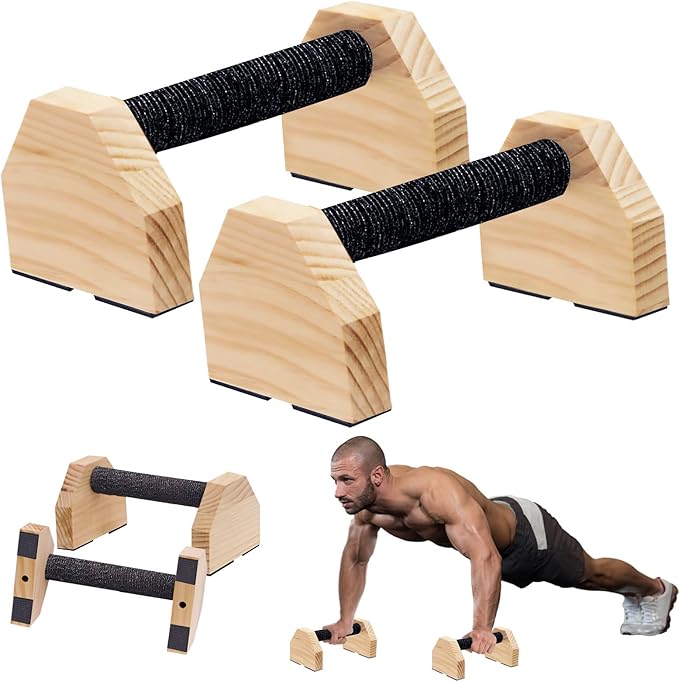 Push-up Stand, 2 PCS Wood Pushup Bars Non-Slip Base Exercise Home Workout Equipment, Wooden Parallettes Handle Stands Grip for Men Strength Training, Planks Calisthenics