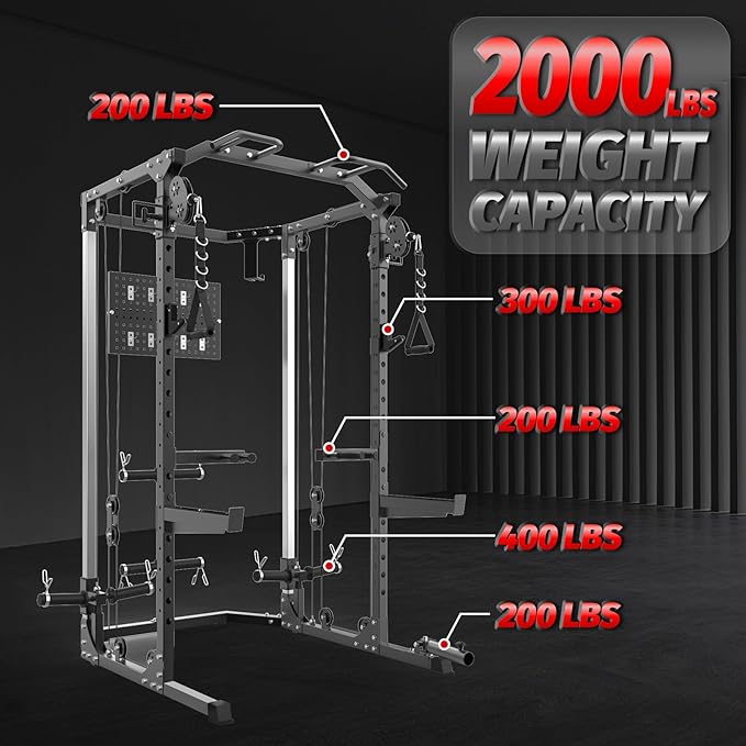 Power Cage, Multi-Function Squat Rack with Dual Independent Pulley System, 2000 LB Capacity Workout Cage with Adjustable Cable Crossover System and Training Attachment for Home Gym