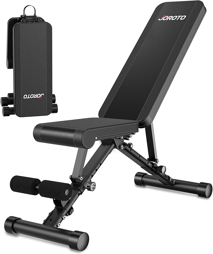 JOROTO Adjustable Weight Bench, Foldable Workout Bench for Home Gym Strength Training, Incline Decline Flat Bench Press with Wheels and Extended Backrest, Full Body Workout Equipment