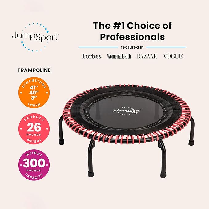 JumpSport 350 PRO Fitness Trampoline, Cardio Workout, No-Tip Arched Legs Home Gym Equipment, Adjustable Bungees & 60 Day Trial Video