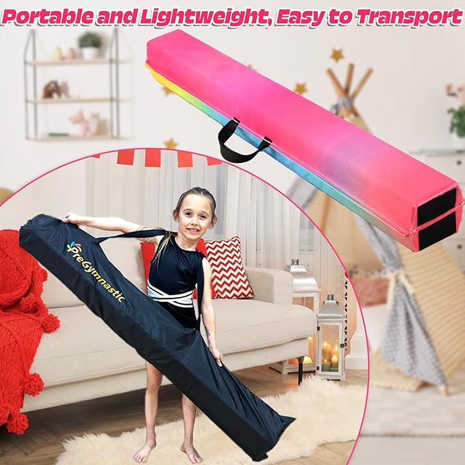 PreGymnastic 6FT/8FT/9.5FT Folding Balance Beam for Kids Ages 3-12, Foldable Gymnastics Floor Beam-Extra Firm Suede Cover with Carrying Bag for Home-Gym Equipment for Toddler Teenager