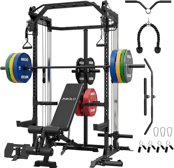 Mikolo Power Cage, 2000LB Power Rack with Independent Dual Pulley System, Multi-Function Home Gym Workout Machine for Cable Crossover