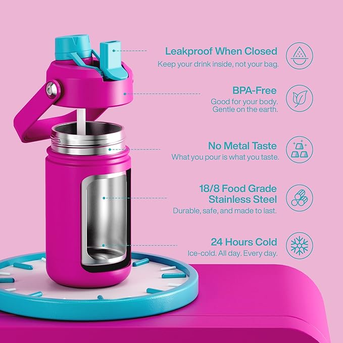 Kids Insualated Water Bottle with Straw - 12oz Stainless Steel Water Bottle with Dual Spouts, Leak-Proof, BPA-Free, Double Wall Vacuum Keeps Cold for 24 Hours for Sports, Travel (Light Crimson)