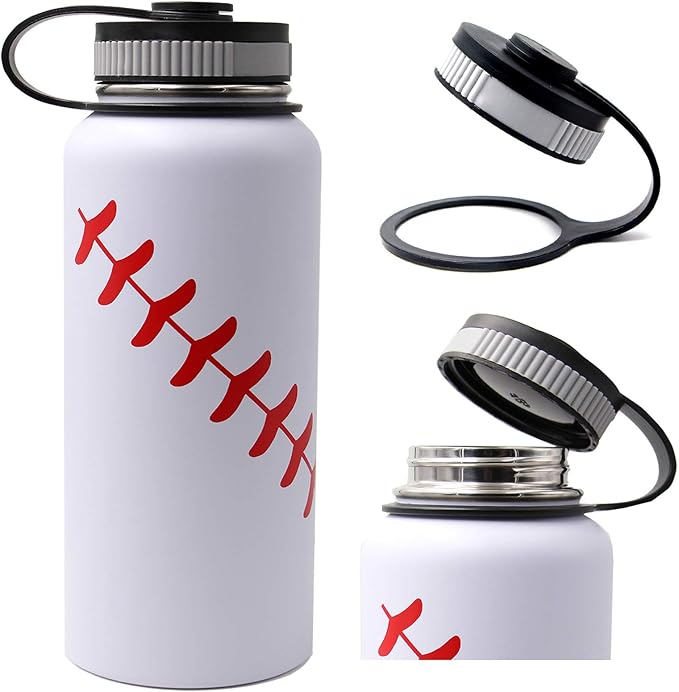 32 oz Baseball Water Bottle, Wide Mouth Sports Flask Metal Travel Tumbler with 2 Lids, Stainless Steel Double Wall Vacuum Insulated Thermo Water Bottles, Baseball Accessories Gifts for Mom Boys Girls
