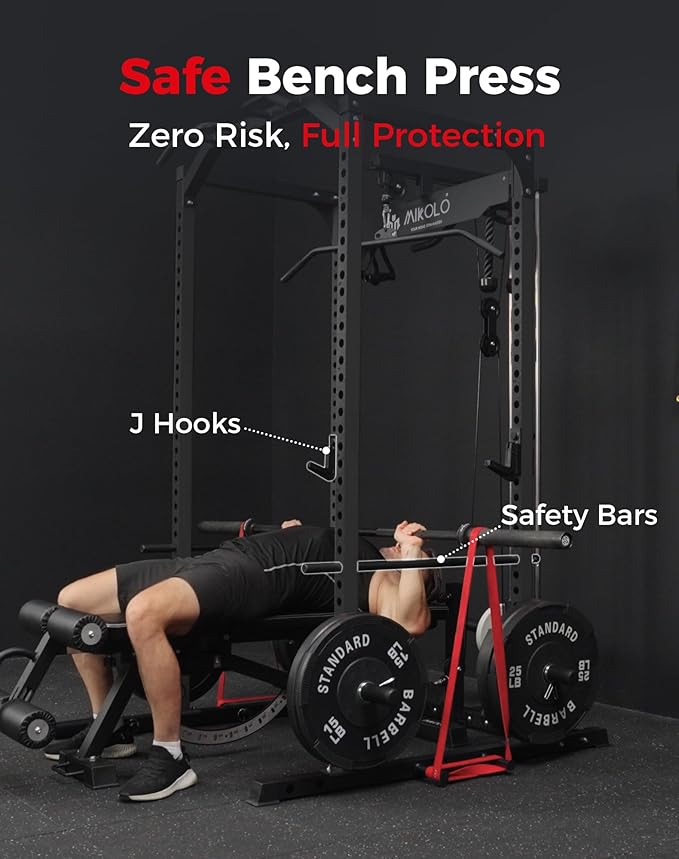 Mikolo Power Cage, Power Rack with LAT Pulldown, 1200 Pounds Capacity Workout Cage with More Training Attachments, Squat Rack for Home Gym, F4 Versions