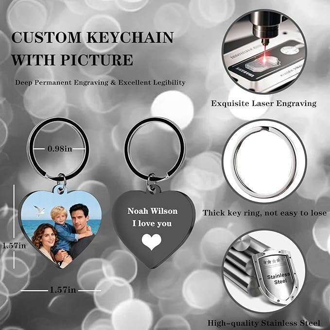 Hiyong Personalized Keychain Custom Photo Keyring Customized Gifts for Men Custom Keychain with Your Photo Logo or Text