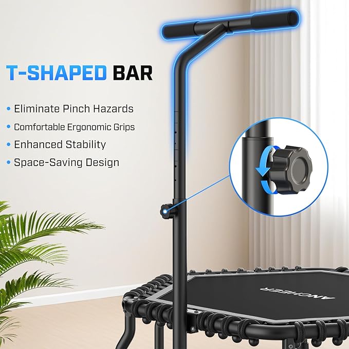 ANCHEER Trampoline, 50'' Rebounder Trampoline for Adult with Bar, Indoor Outdoor Mini Trampoline, 550LBS Fitness Trampoline with Bungee, Jumping Cardio Equipment, Exercise Trampoline at Home Gym