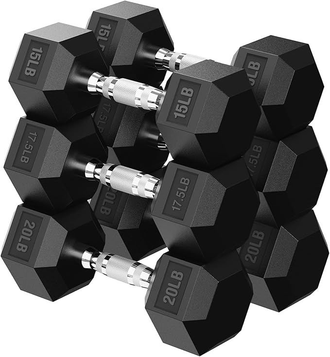 Hex Dumbbell 45-480 lb Set, Rubber Encased Exercise & Fitness Dumbbells for Home Gym, Hand Weights for Strength Training