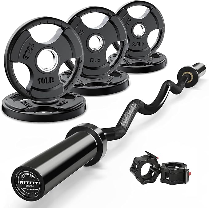 RitFit 2 Inch EZ Curl Bar with Weights, 350LBS Weight Capacity Olympic Curl Barbell for Bicep, Tricep and Weight Lifting Exercises