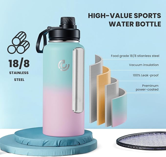 COKTIK 32oz Sports Water Bottle, Stainless Steel Water Bottle for Insulated, Reusable Travel Bottle, With Straw, With Handle Grip for Easy Carrying, Suitable for Cycling, Outdoor Vacations(Bubble Gum)