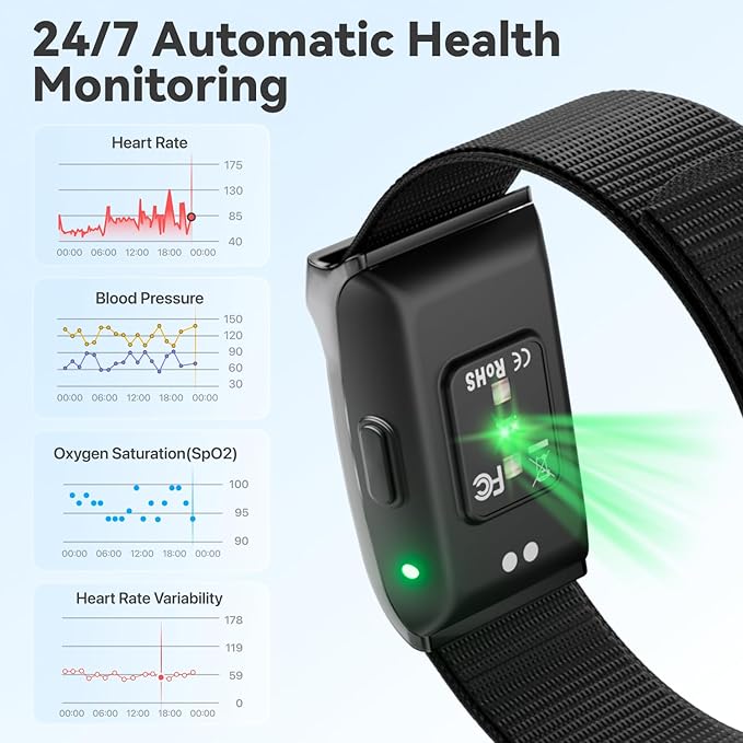 Smart Health Wristband, All-Day Continuous Heart Rate Blood Pressure Stress HRV Monitor, Improve Sleep, Wearable Activity & Fitness Tracker, 120+ Sports Modes, 60-Day Battery, with Free App
