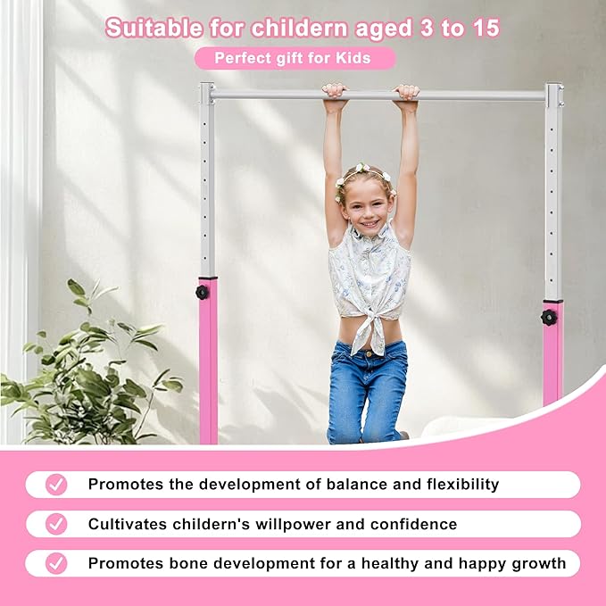 Gymnastics Bar for Kids Ages 3-15, 3' to 5' Adjustable Height, Gymnastic Kip Bar Horizontal Bar for Gymnas, Anti-Slip and Easy to Assemble, Home Gym Equipment Indoor for Girls, Boys