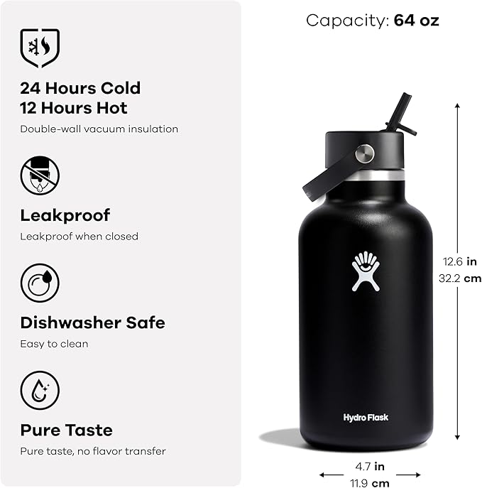 Hydro Flask Water Bottle - Insulated Stainless Steel - Wide Mouth Flex Straw Lid, Non Spill, Leakproof and Refillable in 64 Oz Surf Blue