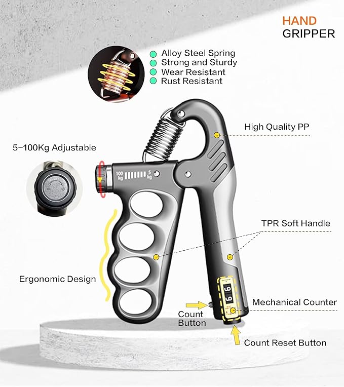 Grip Strength Trainer with Automatic Counter, Hand Grip Strengthener with Adjustable Resistance 11-220Lbs(5-100KG), Ergonomic Design Forearm Strengthener for Musicians Athletes and Injury Recovery