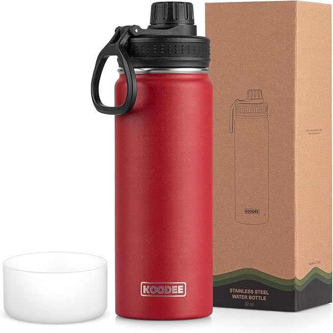 koodee Insulated Water Bottle, 22 oz Stainless Steel Double Wall Vacuum Wide Mouth Sport Bottle with Leakproof Spout Lid (Canyon Red)
