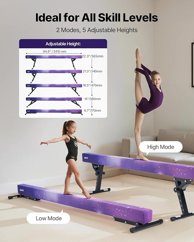 VEVOR 8FT Balance Beam for Kids, 200-350LBS Stable Support Gymnastics Floor Beam with Non-Slip Mat, Wood-Core/EVA Gymnastics Training Equipment with Anti-Slip Bottom & Carry Bag for Home Gym