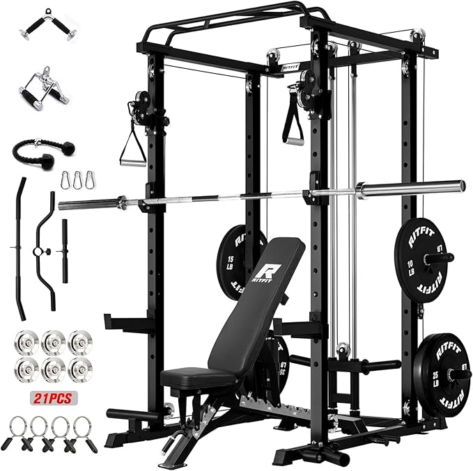RitFit Upgraded PPC-P3 Power Cage, 3-in-1 Home Gym with Aluminum Pulley System, 1200LBS Capacity, Includes LAT Pulldown, Landmine, J-Hooks & 20+ Attachments, Fits Compact Spaces Black Red