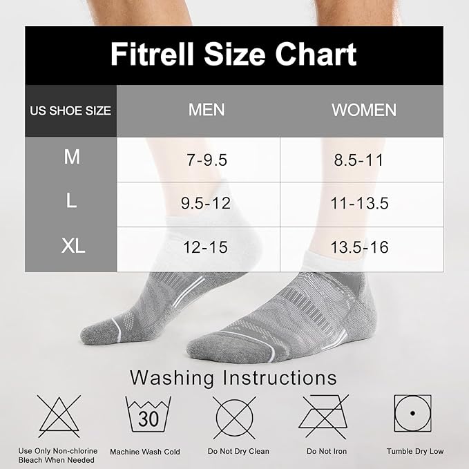 FITRELL Men's 6 Pack Ankle Running Socks Low Cut Cushioned Athletic Sports Socks 7-9/9-12/12-15