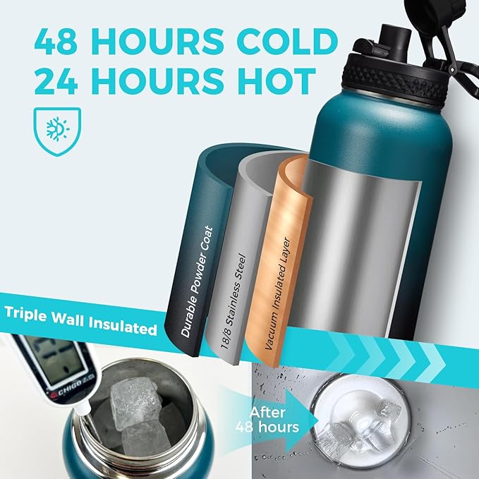 Insulated Water Bottle with Straw - 40 oz Triple Walled Water Bottle with Strap Carrier Bag, Flip Top Lid, Paracord Handle, Protective Cup Mat, Sweat-proof Metal Waterbottle for Sport, Gym, Workout