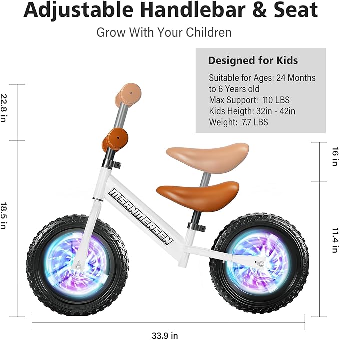 Colorful Lighting 12 Inch No Pedal Balance Bicycle Bike， for Kids,Age 24 Months to 5 Years Old， Lightweight Steady Balancing Bike with Adjustable Handlebar&Seat,Birthday Gift for 2 3 4 5 Year Old.