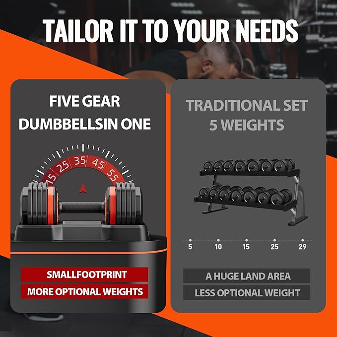 VEICK 25 lbs Adjustable Dumbbell with Anti-Slip Turning Handle, Fast Adjust Weight for Men Women, Exercise Equipment with Tray for Home Gym Full Body Workout Fitness