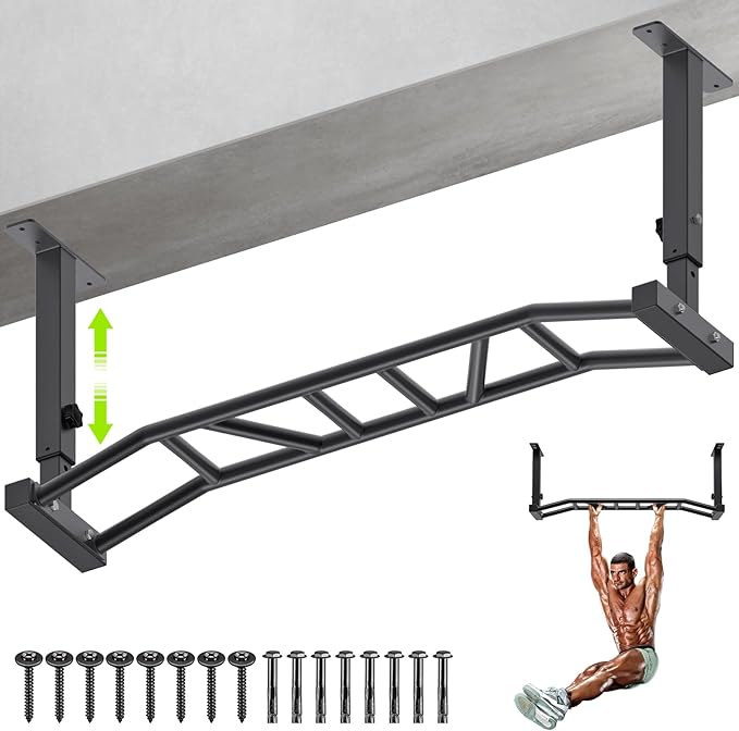 Kipika 48" Ceiling Mounted Pull Up Bar, Heavy Duty Multi-Grip Chin Up Bar,Mounted Pullup Bar, Adjustable Height, Pull Up Bands for Chin Ups & Body Stretching, Ideal for Home Gym and Strength Training