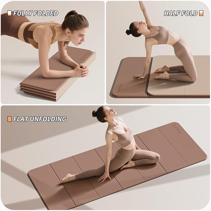 Foldable Fitness Yoga Mat | 2/5" (10MM) Extra Thick | SGS Certified Non-Slip TPE | 75x26" Extra Long-Wide | Portable & Easy Store | for Yoga, Pilates, Home Gym & Full-Body Workouts