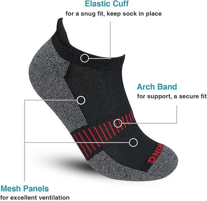 BERING Men's Athletic Running Ankle Socks Cushioned Heel Tab (6 Pairs)