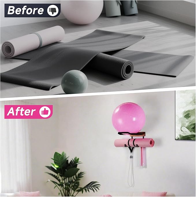 Yoga Ball Holder Wall Mount, 2 Tier, 13.4*18.1 inches, Black, Holds Multiple Balls & Accessories, Perfect for Home Gym or Fitness Class