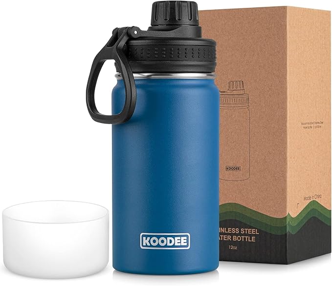 koodee Small Water Bottle 12 oz Stainless Steel Triple Wall Vacuum Insulated Wide Mouth Bottle with Leakproof Spout Lid (Navy)