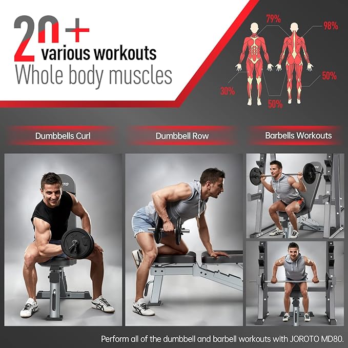 JOROTO Adjustable Weight Bench, Foldable Workout Bench for Home Gym Strength Training, Incline Decline Flat Bench Press with Wheels and Extended Backrest, Full Body Workout Equipment