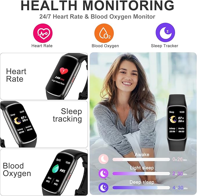 Fitness Tracker Step Counter with 24/7 Heart Rate Blood Oxygen Sleep Monitor, 1.47''AMOLED Touch Color Screen Activity Watch, Smart Watches Pedometer for Women Men Android/iOS