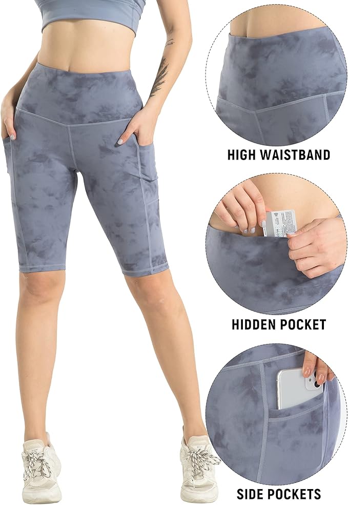 WHOUARE 4 Pack Biker Yoga Shorts with Pockets for Women,High Waisted Athletic Running Workout Gym Shorts Tummy Control
